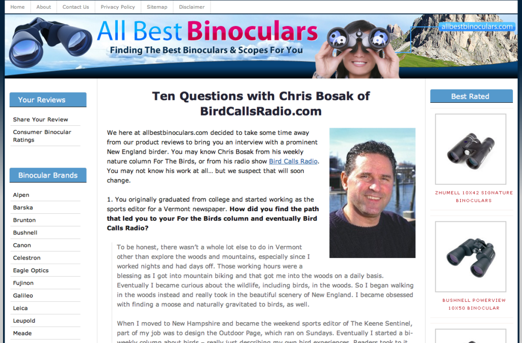 Another nice article from http://www.allbestbinoculars.com. This was the first of their birder profile interviews (that will be a popular trivia question some day!). http://allbestbinoculars.com/interview-with-chris-bosak/
