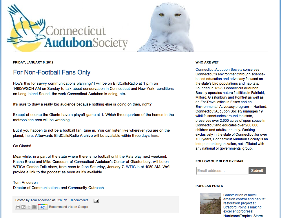 CT Audubon Society article on guest Tom Andersen next guest on BirdCallsRadio.com LIVE 1490AM or internet https://birdcallsradio.com/listen-live/ 1/7/2012.