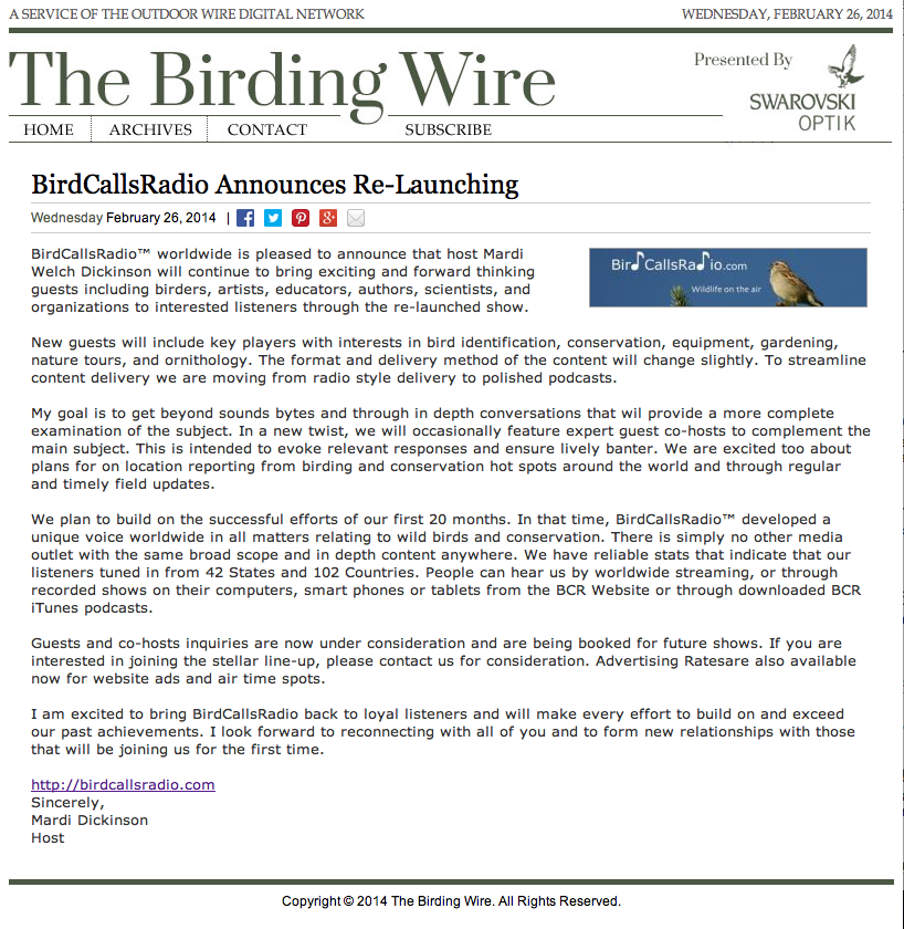 Thanks to The Birding Wire for spreading the word about our re-launch.