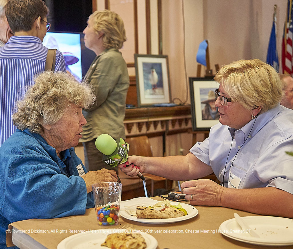 Helen Hayes, Great Gull Island 50th year celebration talks with Mardi Dickinson, BCR Host at the Chester Meeting House, Chester, CT on Sept 15, 2018. ©Townsend Dickinson, All Rights Reserved. 