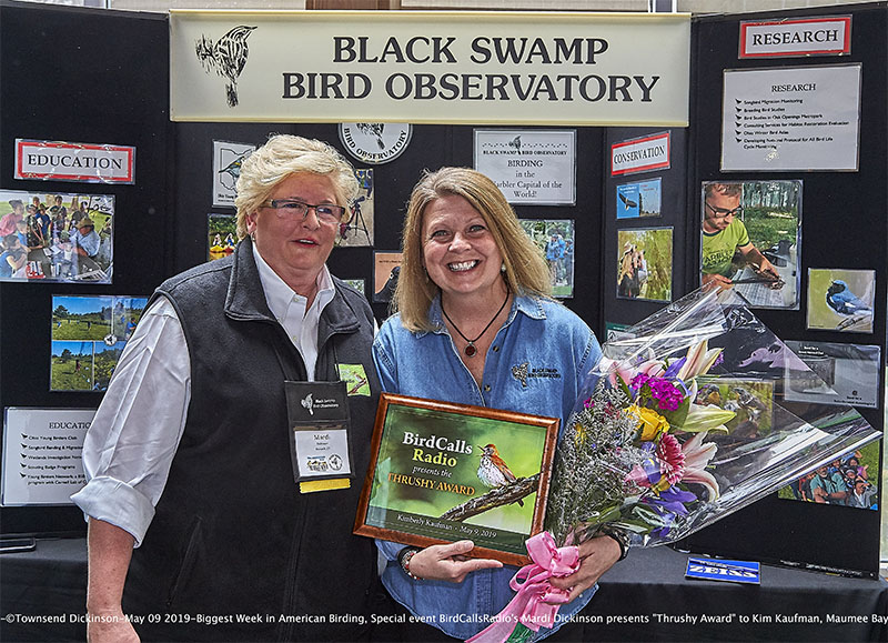 Biggest Week in American Birding, Special event BirdCallsRadio's Mardi Dickinson presents "Thrushy Award" to Kim Kaufman, Maumee Bay State Park Lodge, Oregon, OH