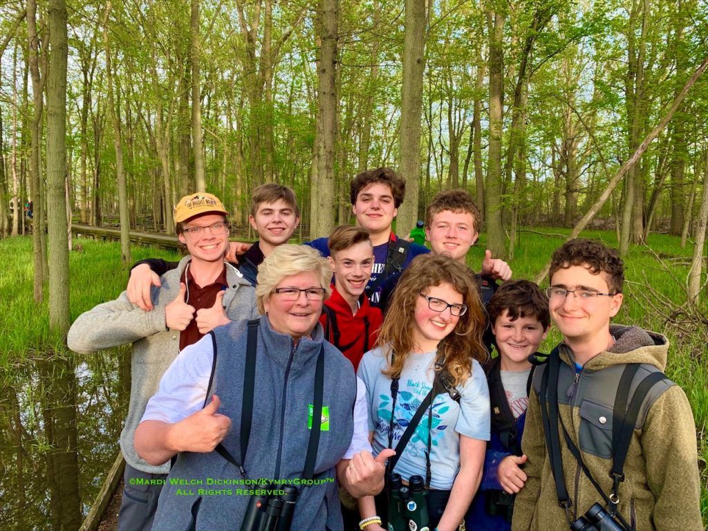 BirdCallsRadio™ Host, Mardi Dickinson on location with Young Birders that discovered the Townsend's Warbler at Maumee Bay Lodge, OH. May 10, 2019. sm Photo ©Mardi Welch Dickinson KymryGroup™. All Rights Reserved.