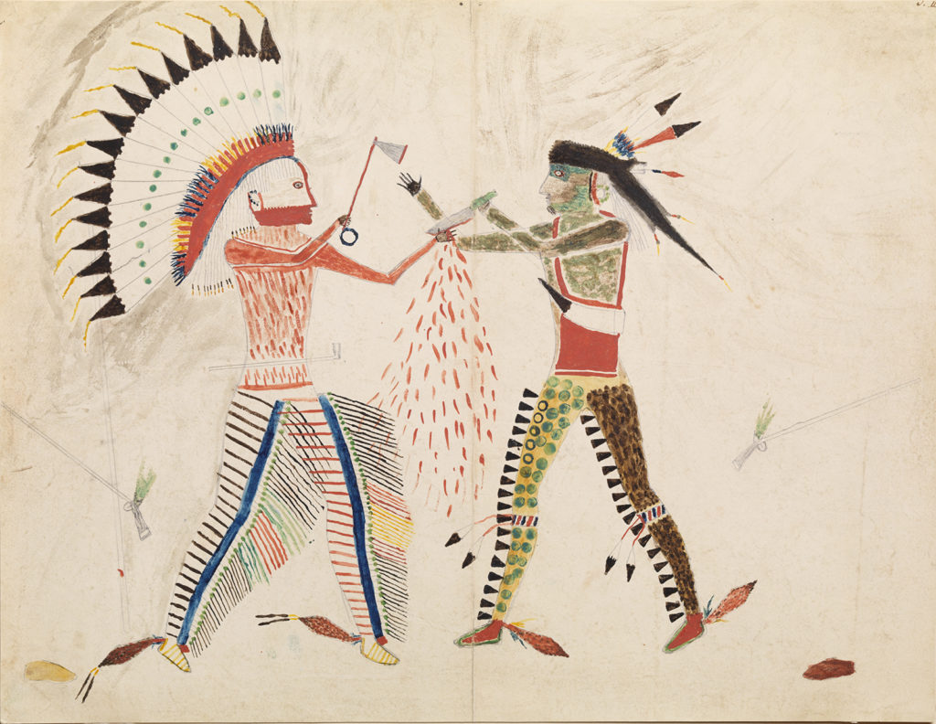 Mató-Tópe, Battle with a Cheyenne Chief, 1834, watercolor and pencil on paper, 12 3/8 x 15 3/8 in., Joslyn Art Museum, Omaha, Nebraska, Gift of the Enron Art Foundation, 1986.49.384, Photograph © Bruce M. White, 2019.